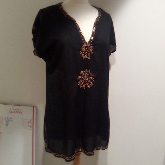 Black Bronze Beaded Raviya Short Sleeve Tunic - Picture 1 of 15